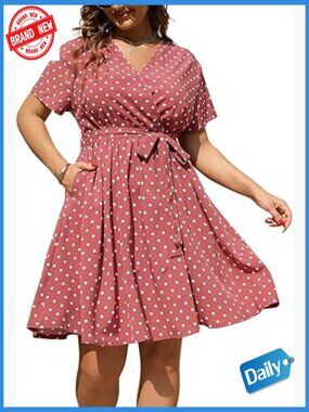 Plus Size Boho Swing Dress with Pockets V-Neck Short Sleeve Summer Midi